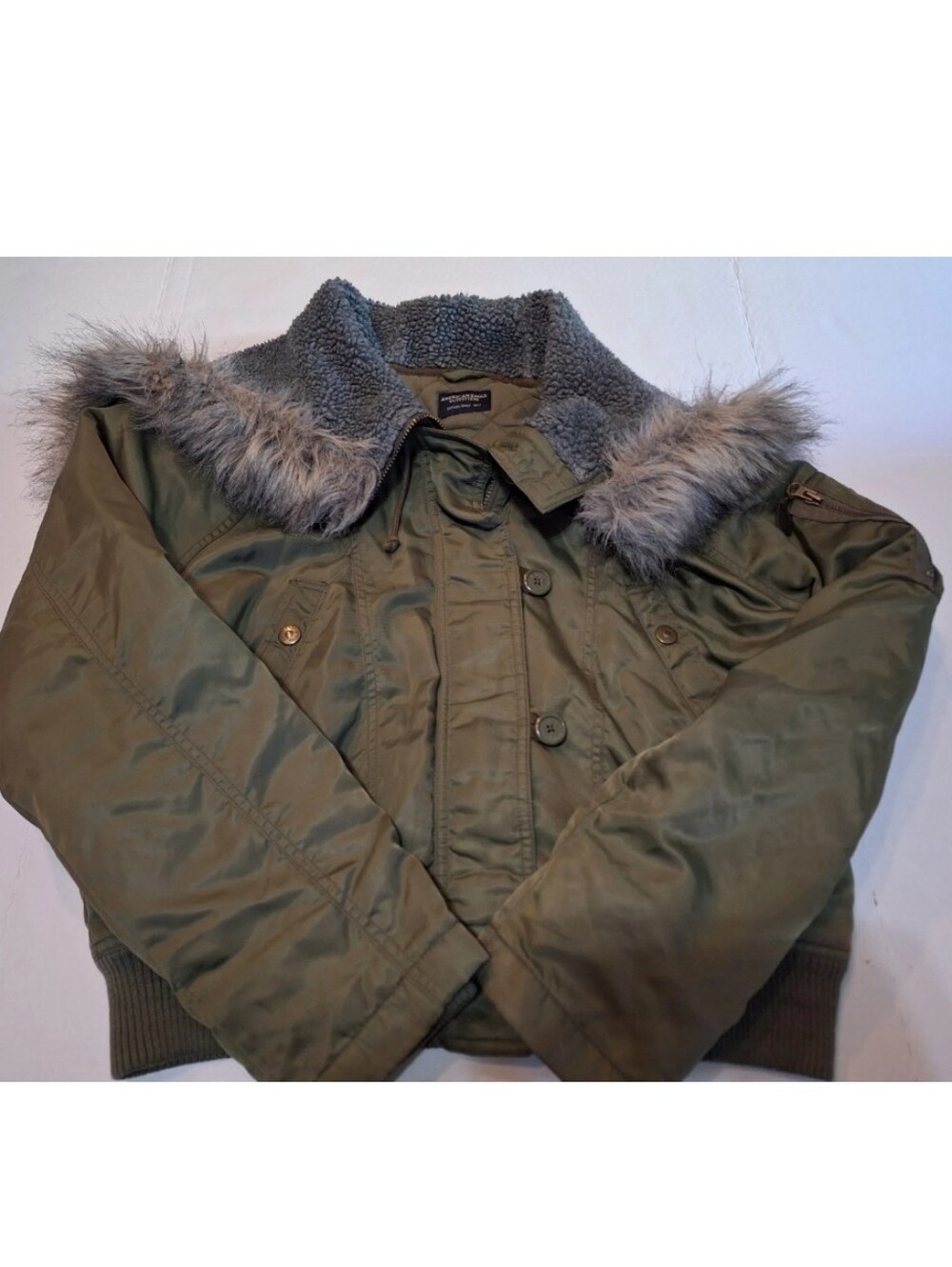 Y2K Military N2B Faux Fur  Split Hood Bomber Green Women's M American Eagle